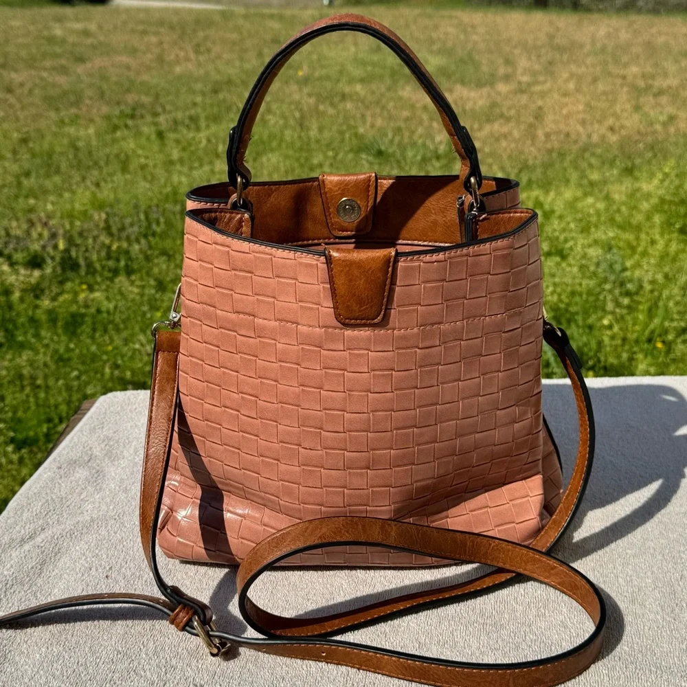JEN & CO Woven Textured Tote Bag Pink Brown Crossbody Vegan Leather